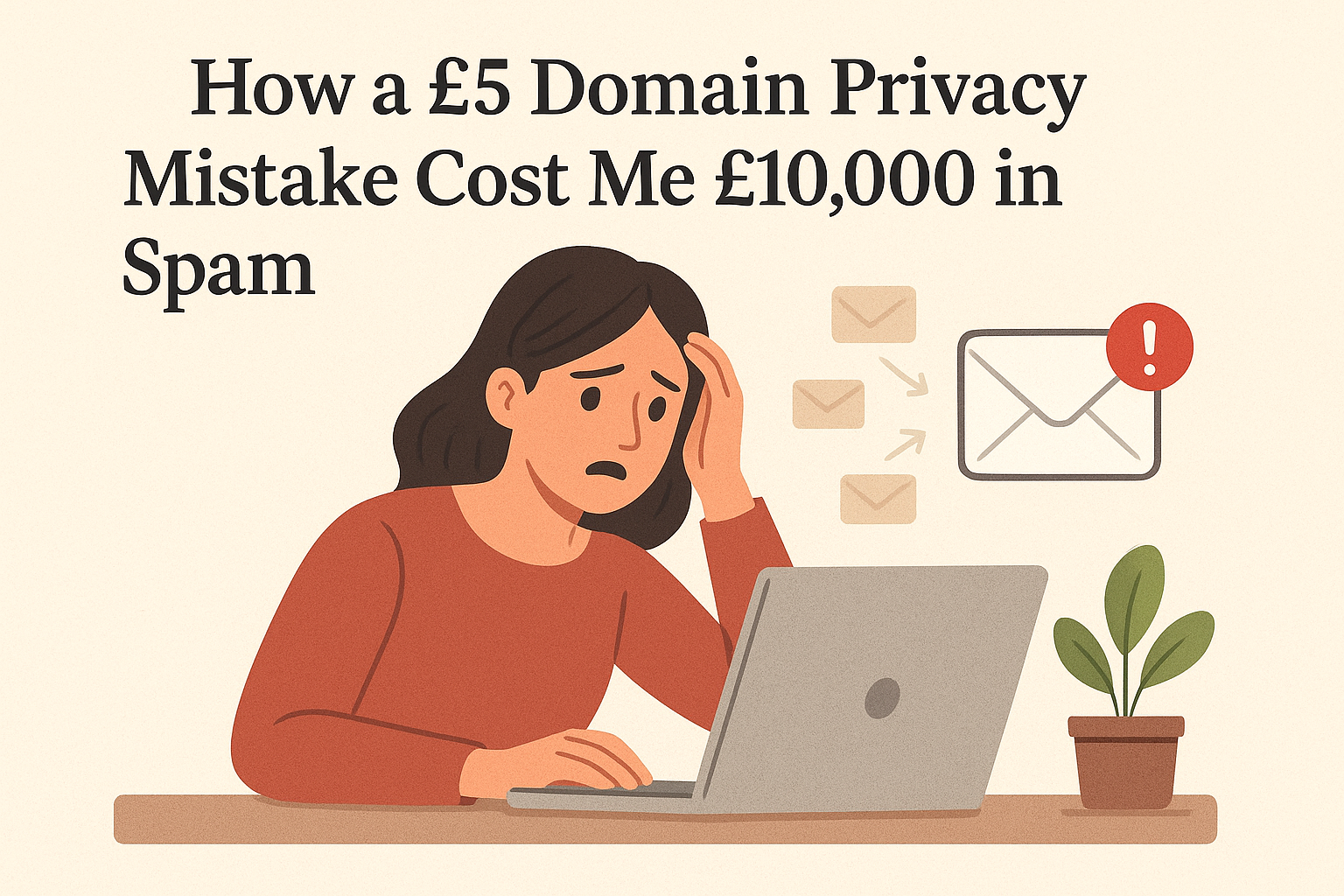 a lady holding her head in shock after beign scammed beacause of domain privacy mistake she ignored
