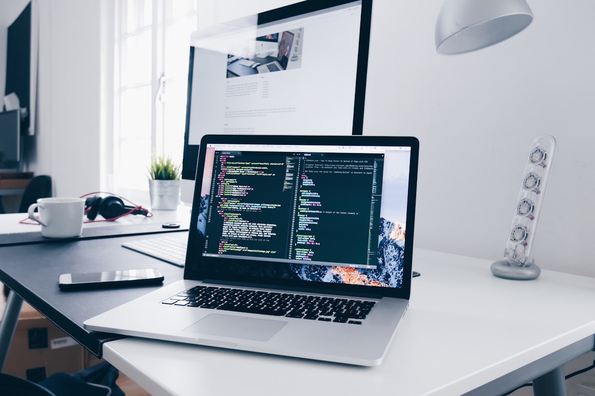 freelancer working on laptop with pound sterling symbols and hosting server icons in background"